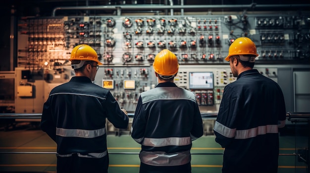 Engenheiros com capacetes trabalhando em uma usina nuclear