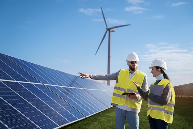 Engenheiros de tiro médio falando sobre painéis solares