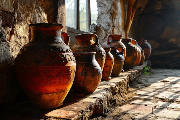 Foto grátis enormes jarros para vinho qvevri em velha destilaria tradicional tempo para viajar ao longo de rotas populares vinho