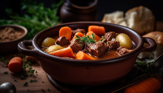 Ensopado de carne rústica cozido em tigela de louça IA generativa