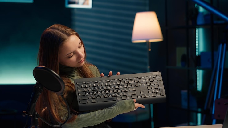 Foto grátis entertainer apresenta teclado e mouse de vídeo de patrocínio da marca