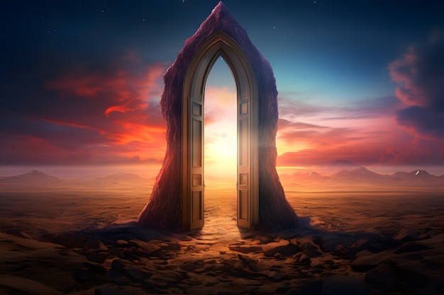 Foto grátis entrada ou porta de estilo fantasia com paisagem do deserto.