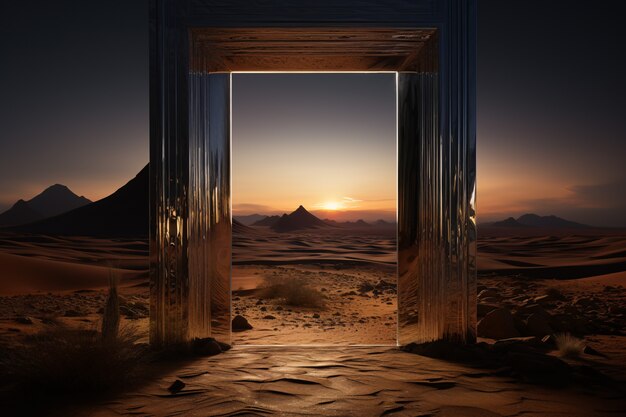 Entrada ou porta de estilo fantasia com paisagem do deserto.