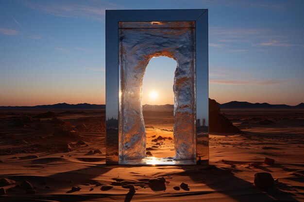 Entrada ou porta de estilo fantasia com paisagem do deserto.