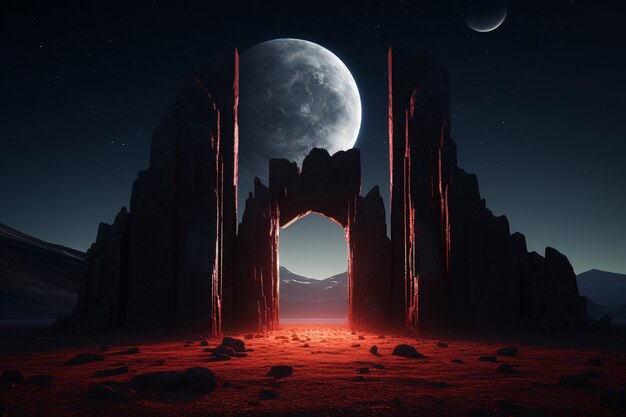 Entrada ou porta de estilo fantasia com paisagem do deserto.