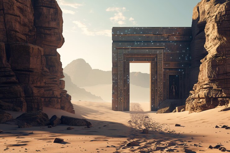 Foto grátis entrada ou porta de estilo fantasia com paisagem do deserto.
