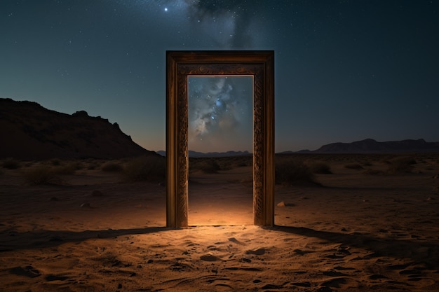 Foto grátis entrada ou porta de estilo fantasia com paisagem do deserto.