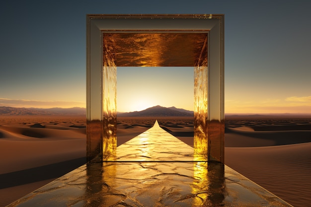 Entrada ou porta de estilo fantasia com paisagem do deserto.