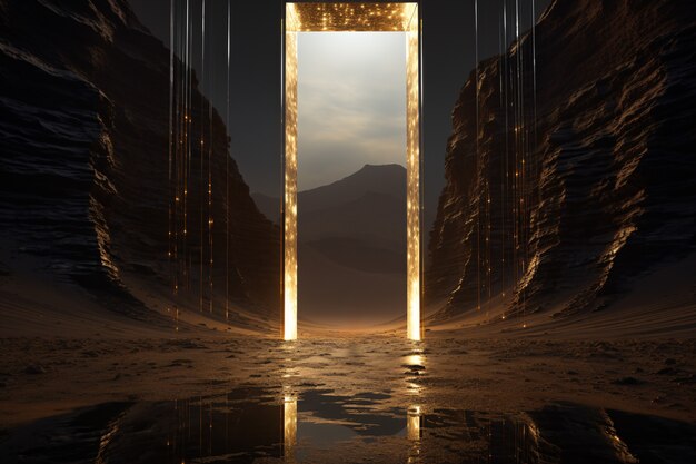 Entrada ou porta de estilo fantasia com paisagem do deserto.