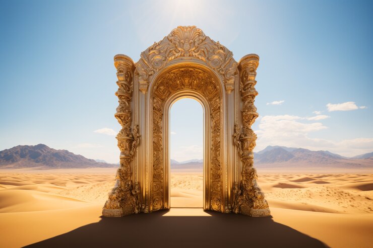 Foto grátis entrada ou porta de estilo fantasia com paisagem do deserto.