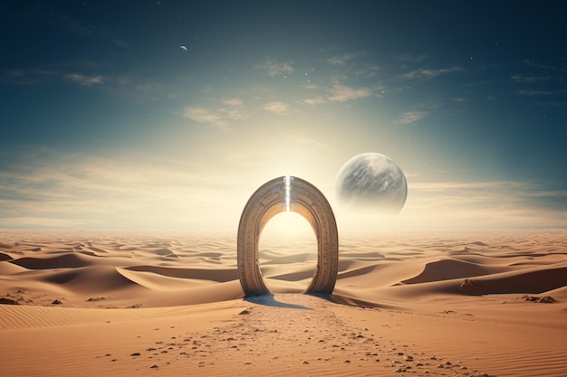 Foto grátis entrada ou porta de estilo fantasia com paisagem do deserto.