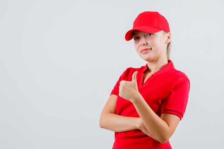 Foto grátis entregadora aparecendo com o polegar para cima usando camiseta e boné vermelhos e parecendo satisfeita
