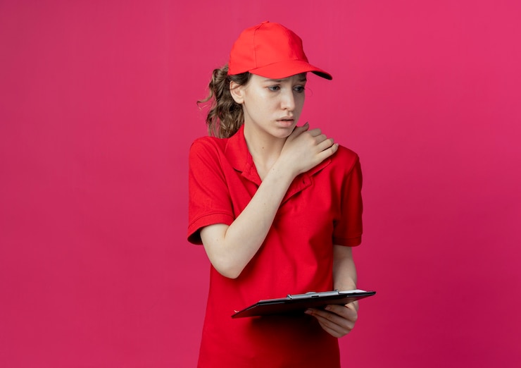 Foto grátis entregadora jovem bonita em uniforme vermelho e boné segurando a prancheta, olhando para o lado e colocando a mão no ombro isolado em um fundo carmesim com espaço de cópia