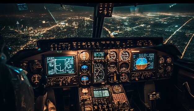 Equipamento de cockpit de alta tecnologia ilumina viagens aéreas noturnas geradas por IA