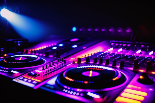 Equipamento de DJ em uma sala escura com luzes roxas