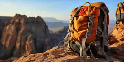 Foto grátis equipamento de escalada no primeiro plano do penhasco acidentado atrás