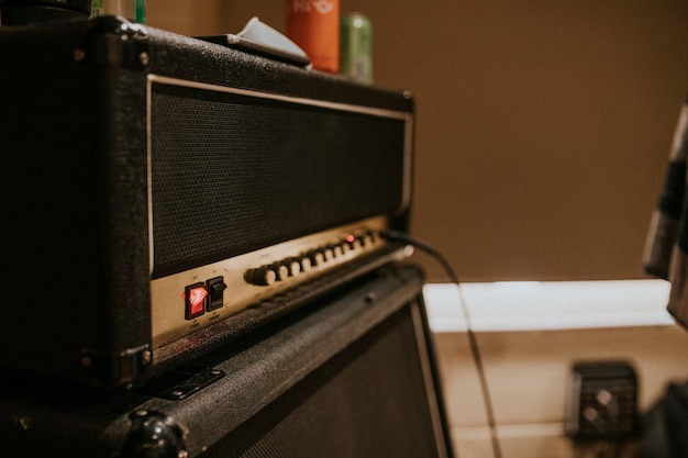 Equipamento para amplificador de guitarra, foto da sessão de gravação em estúdio