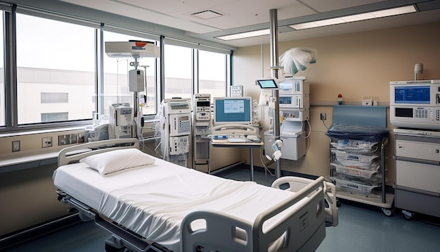 Equipamentos de saúde modernos iluminam uma enfermaria de hospital vazia gerada por IA
