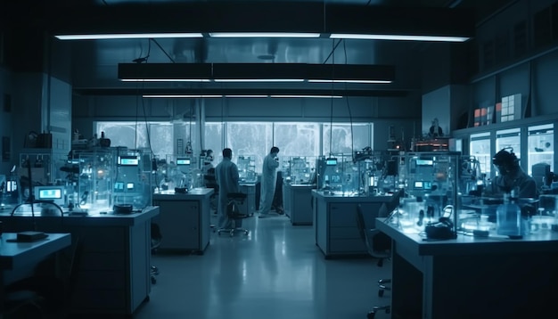 Foto grátis equipe de cientistas analisando líquido em laboratório moderno com equipamentos gerados por ia