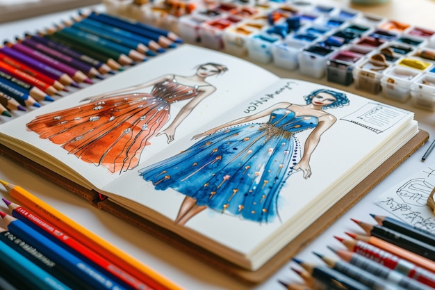 Esboço de design de moda de estilo de arte digital em papel