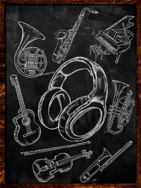 Foto grátis esboço de fone de ouvido instrumentos de música no quadro-negro