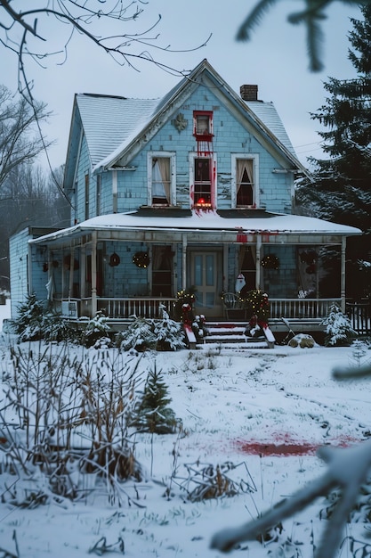 Escena de celebração de Natal em estilo escuro com cenário de terror