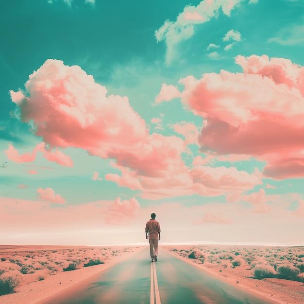 Escena de viagem com cores pastel e atmosfera de sonho