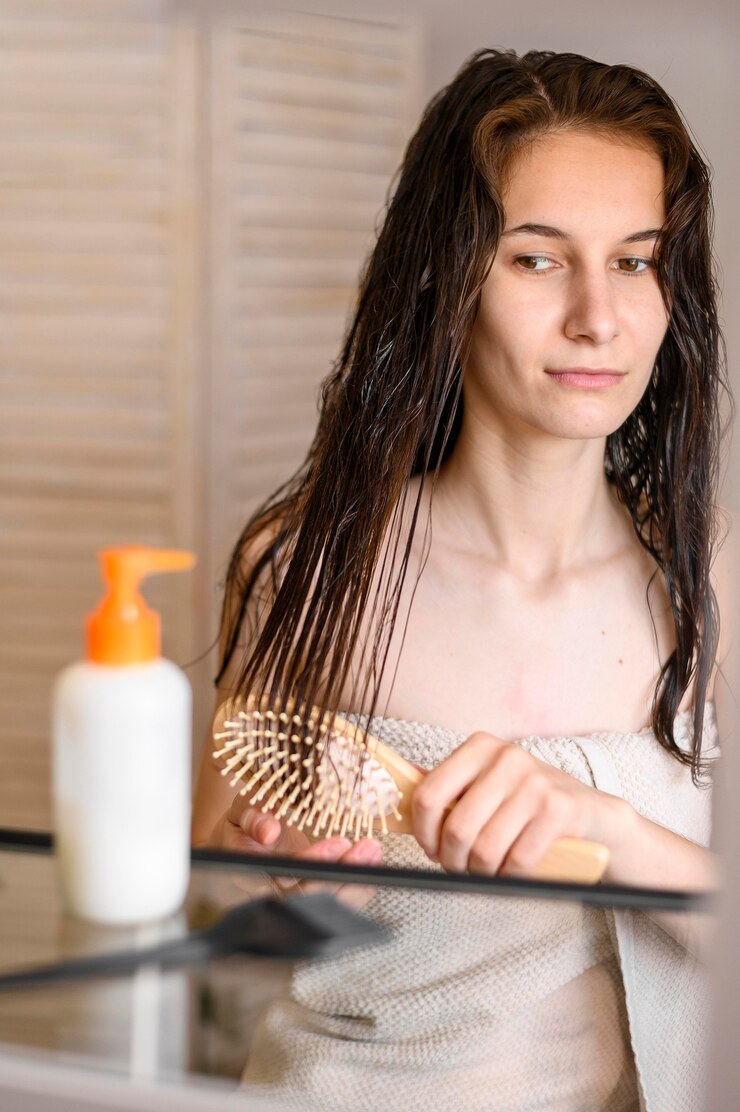 Foto grátis escovar o cabelo da mulher após lavá-lo