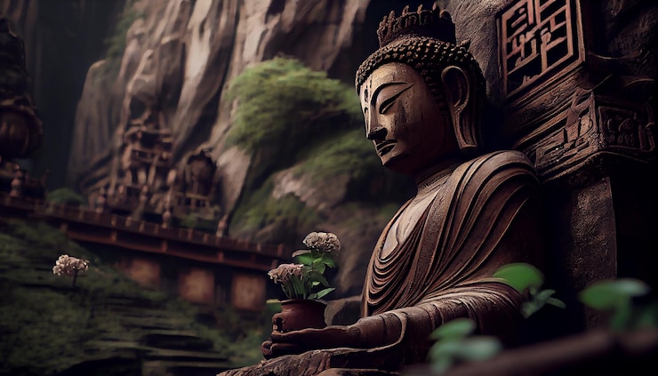 Foto grátis escultura budista em cena tranquila arquitetura antiga meditação generativa ai
