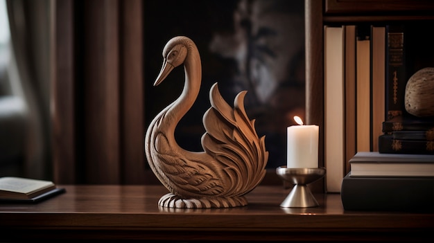 Escultura de cisne decorativa de madeira artesanal