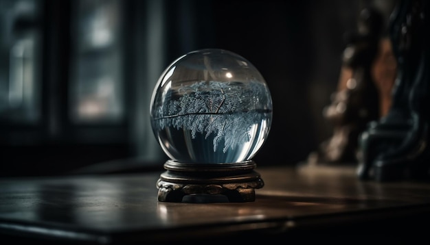 Esfera de cristal brilhante reflete o inverno no globo de neve gerado pela ia