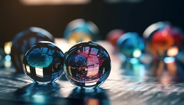 Esfera de vidro brilhante iluminada em luz multicolorida gerada por IA
