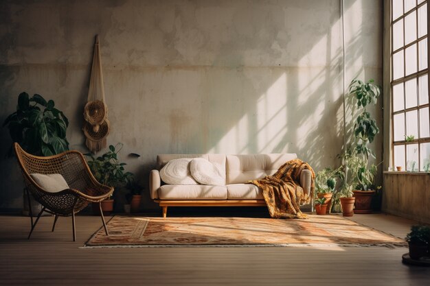 Espaço interior decorado em estilo boho