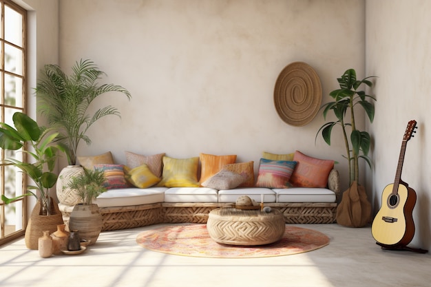 Espaço interior decorado em estilo boho