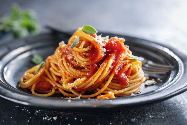 Espaguete de macarrão com molho de tomate e queijo servido no prato