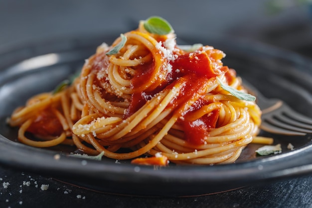 Espaguete de macarrão com molho de tomate e queijo servido no prato