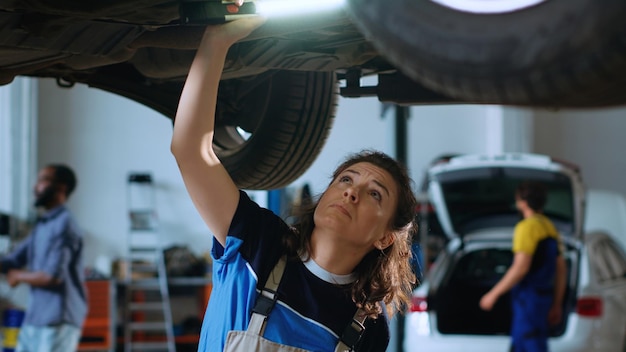 Especialista em garagem trabalha em carros suspensos