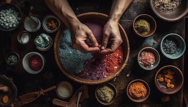 Foto grátis especiarias indianas em cerâmica artesanal em mesa rústica gerada por ia