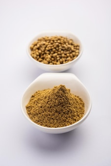 Especiarias indianas pilha de coentro em pó ou dhaniya powder ou sementes secas de salsa chinesa, foco seletivo