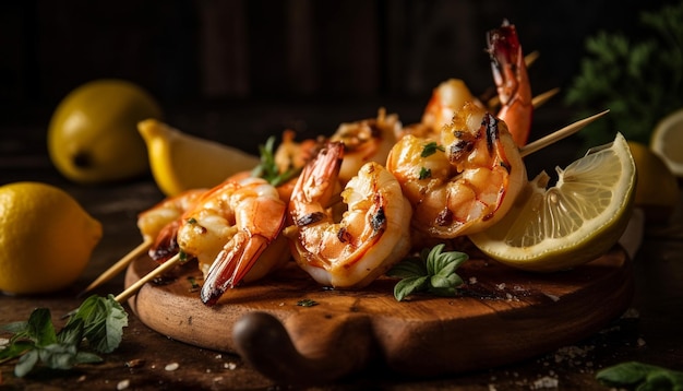 Foto grátis espetos de frutos do mar grelhados com rodelas de limão fresco gerados por ia