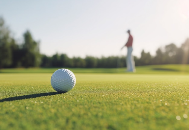 Esporte de golfe com jogador e bola na grama.