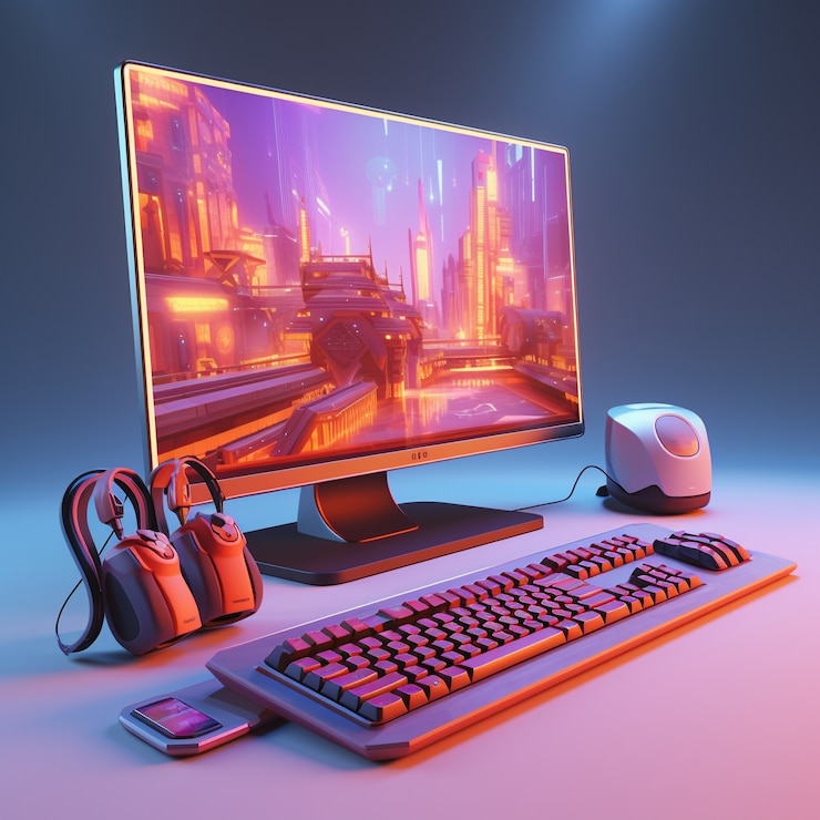 Foto grátis estação de trabalho 3d com computador e dispositivos periféricos