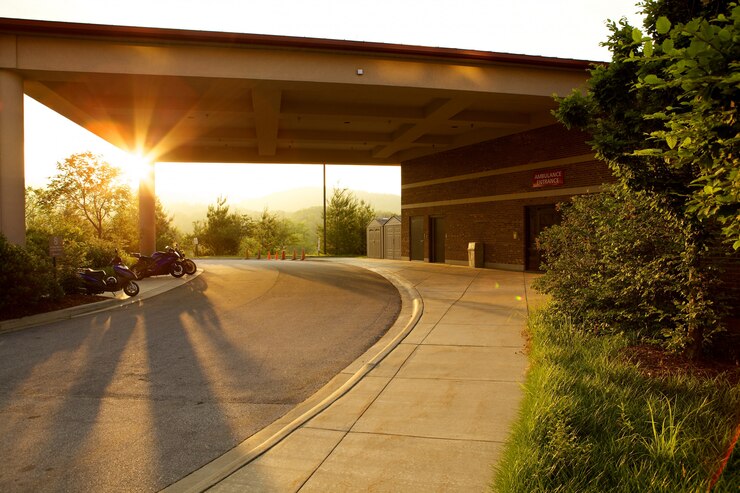 Foto grátis estacionamento rodeado de vegetação e motocicletas durante o pôr do sol