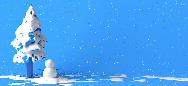Estacione um dia de inverno com neve na árvore e boneco de neve. copie o espaço. ilustração 3d.