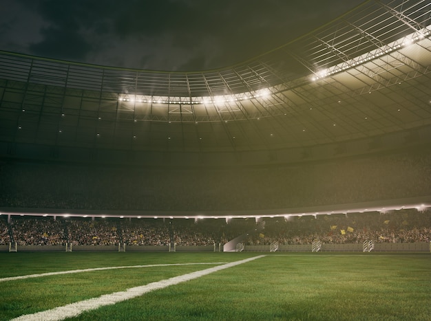 Estádio de futebol com as arquibancadas lotadas de torcedores aguardando a renderização do jogo