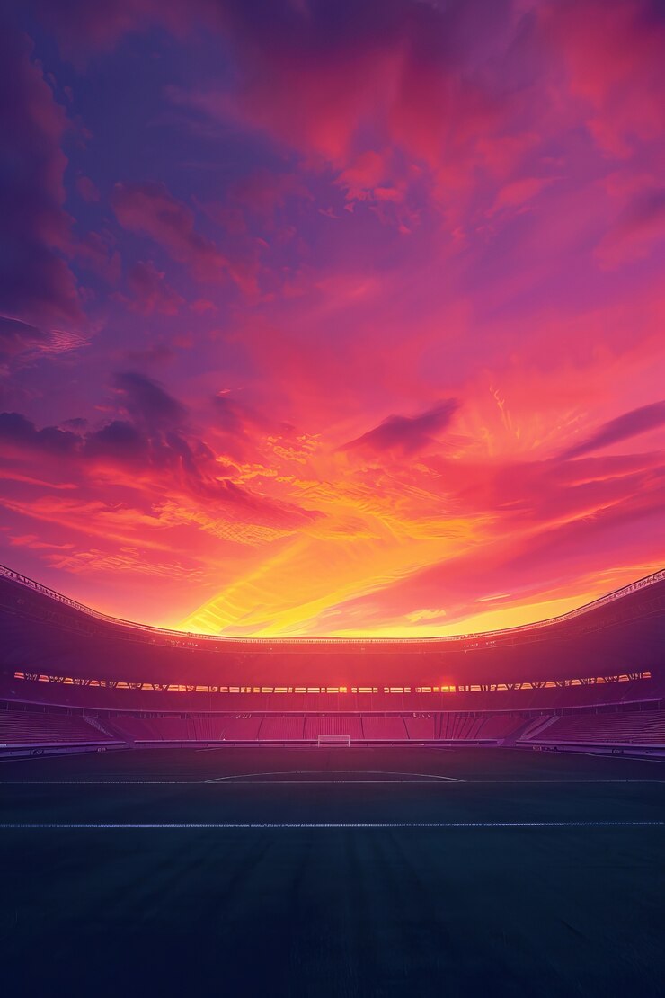 Estádio de futebol vazio com uma vista de fantasia sonhada do céu