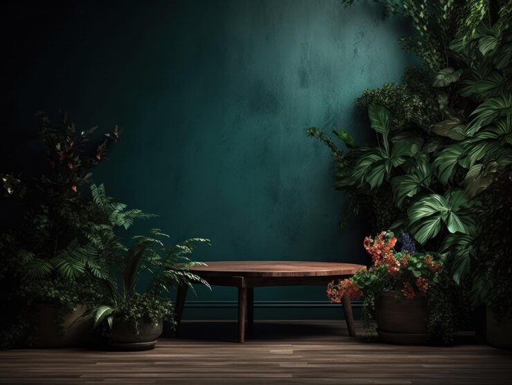 Foto grátis estande de publicidade de produtos cosméticos exposição pódio de madeira em fundo verde com folhas e sha