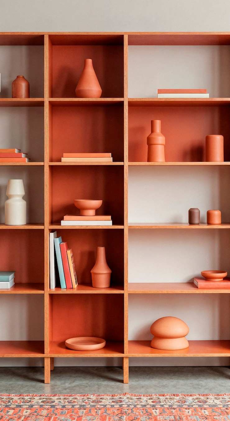 Foto grátis estante de livros laranja elegante com itens decorativos