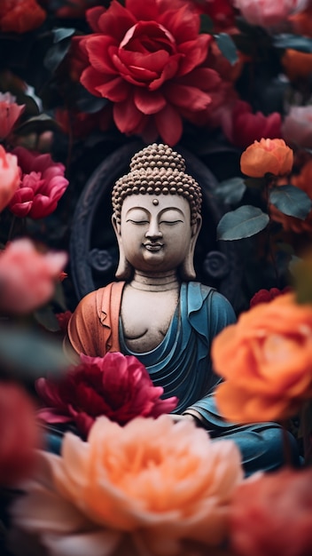 Estátua de Buda com flores desabrochando