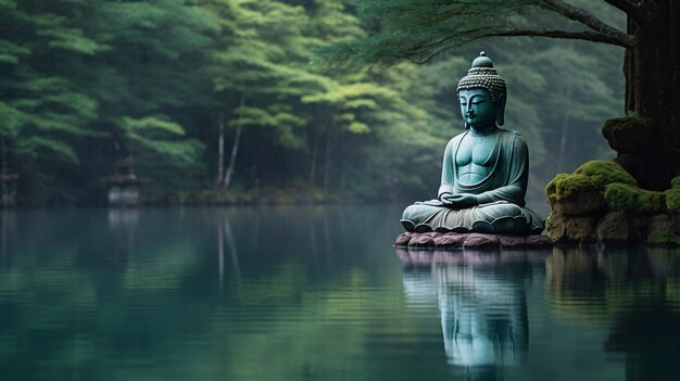 Estátua de Buda com paisagem natural de água